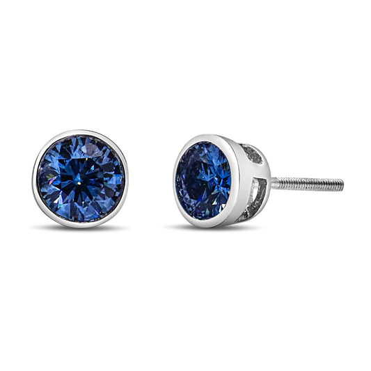 14K White Gold 1.0 Cttw Blue Lab Grown Diamond Screw Solitaire Stud Earrings - Lovez Aqua© -