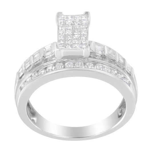 14K White Gold 1.0 Cttw Mixed-Cut Diamond Rectangle Invisible-Set Cluster Ring - Lovez Aqua© -