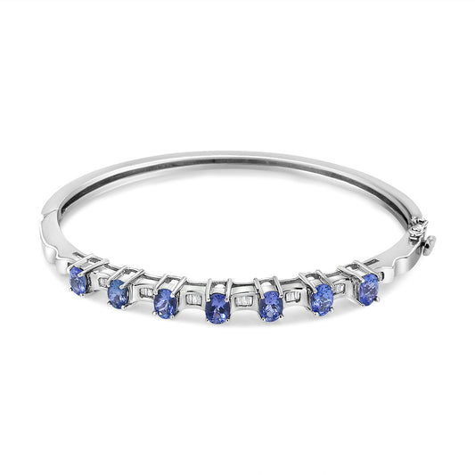 14K White Gold Women's Oval Blue Tanzanite Gemstone & 1/4 Cttw Diamond Bangle - Lovez Aqua© -
