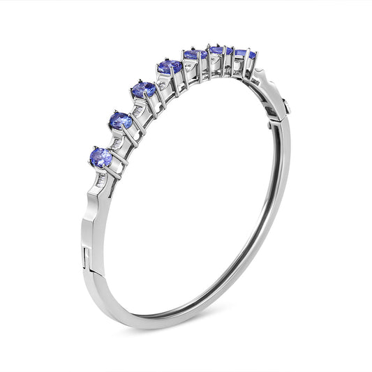 14K White Gold Women's Oval Blue Tanzanite Gemstone & 1/4 Cttw Diamond Bangle - Lovez Aqua© -