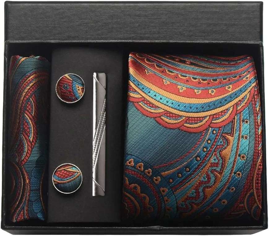 Men's Luxury Silk Paisley Floral Necktie, Pocket Square, Clip & Cufflinks Set - Lovez Aqua© - BF5