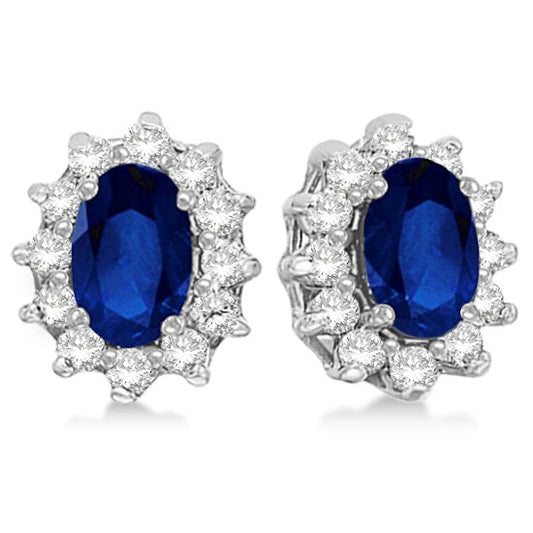 14k White Gold Oval Blue Sapphire & Diamond Accented Earrings (2.05ct) - Lovez Aqua© -