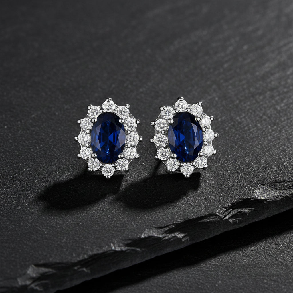14k White Gold Oval Blue Sapphire & Diamond Accented Earrings (2.05ct) - Lovez Aqua© -