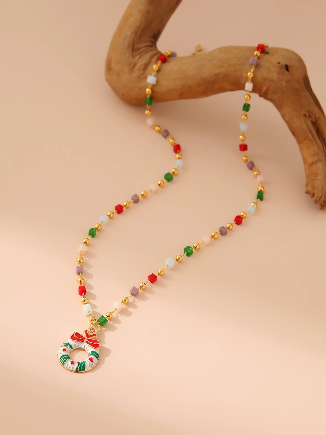 Women's Festive Christmas Themed Beaded Pendant Necklace - Lovez Aqua© - Wreath 2
