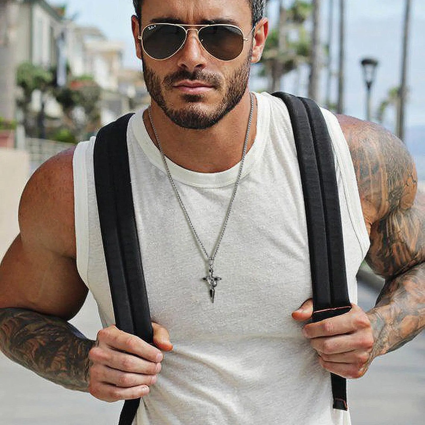 Unisex Sleek Stainless Steel Arrow Shaped Cross Necklace - Lovez Aqua© -