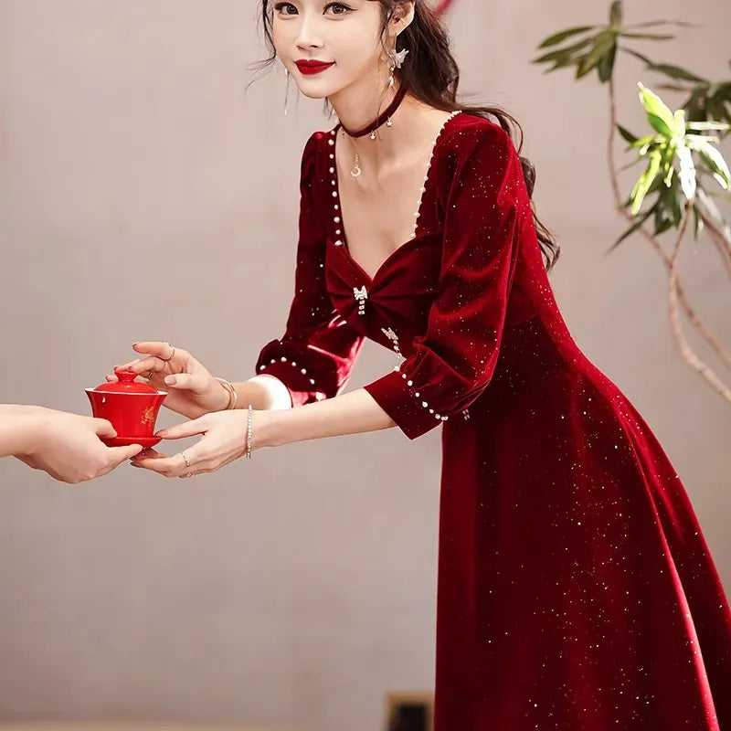 Burgundy Glitter Velvet Evening Gown with Square Neckline & Puff Sleeves - Lovez Aqua© -