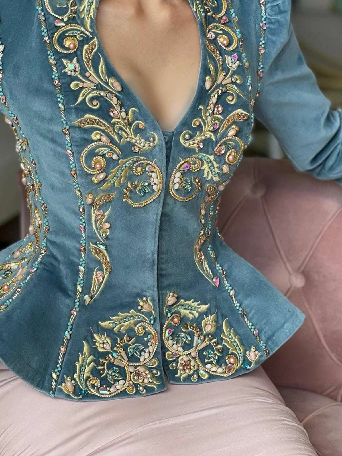 Women's Elegant Floral Gold Embroidered V-Neck Vintage Velvet Peplum Blouse - Lovez Aqua© -