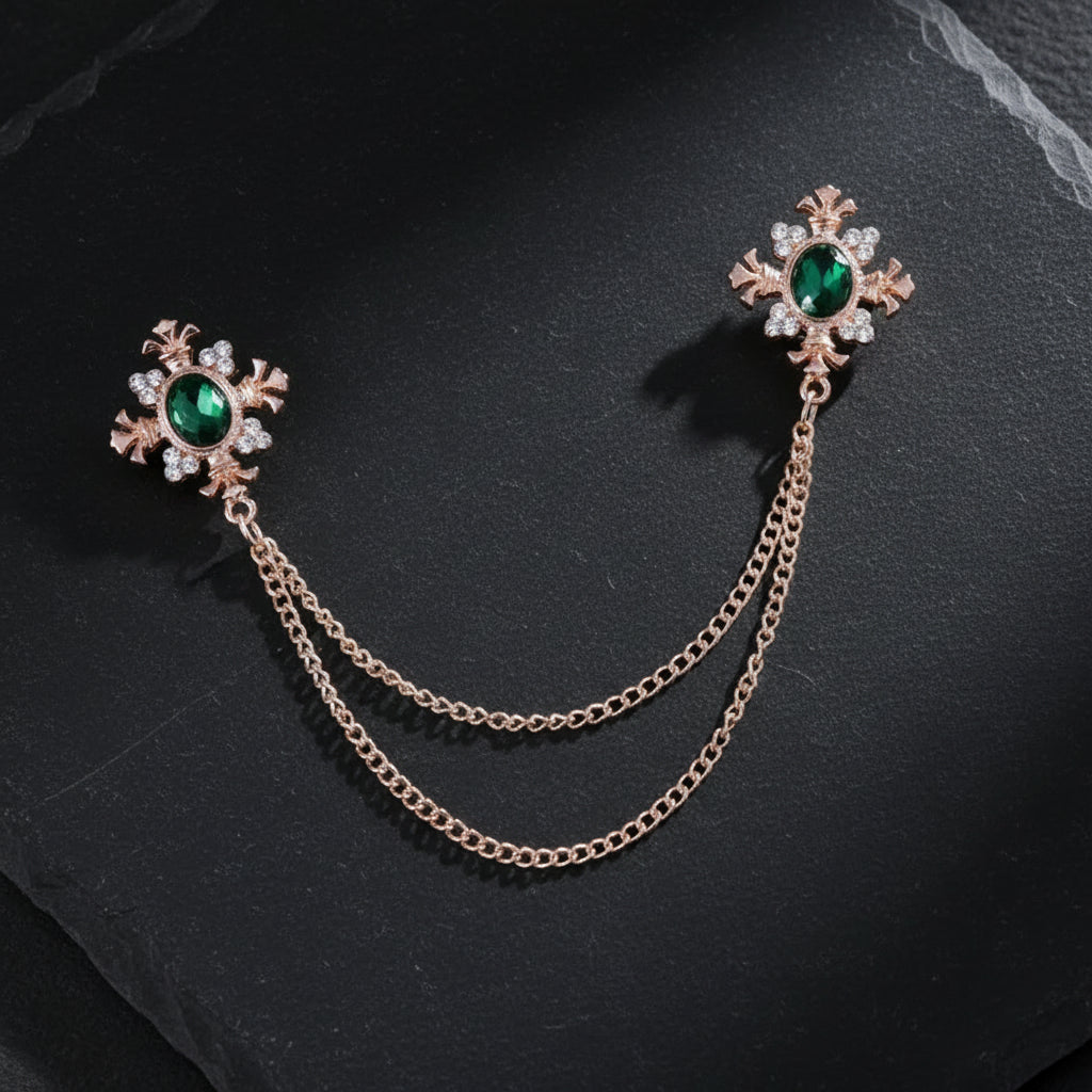 Men's Vintage Double Tassel Chain Crystal Baroque Style Brooch - Lovez Aqua© - Gold Green