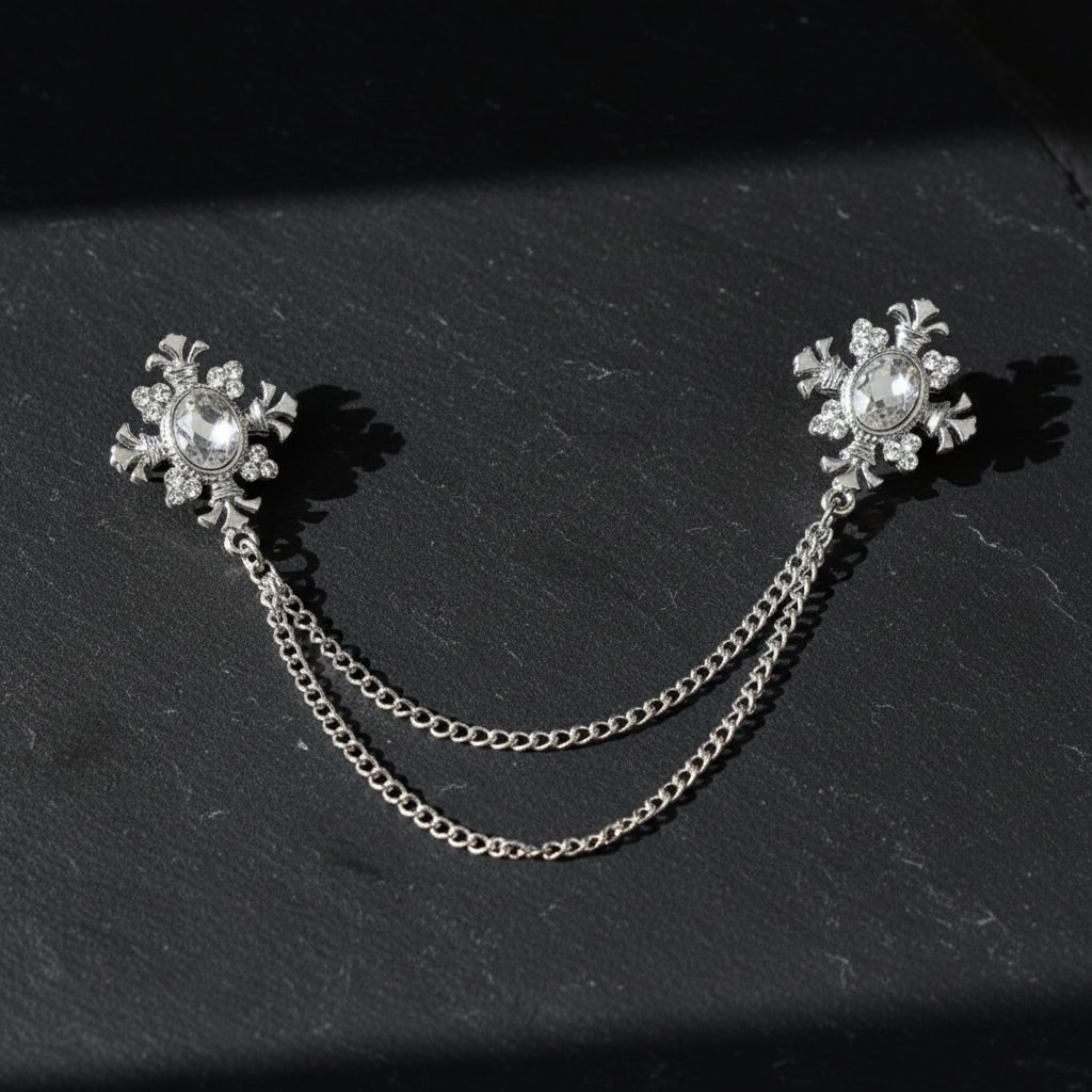 Men's Vintage Double Tassel Chain Crystal Baroque Style Brooch - Lovez Aqua© - Sliver White