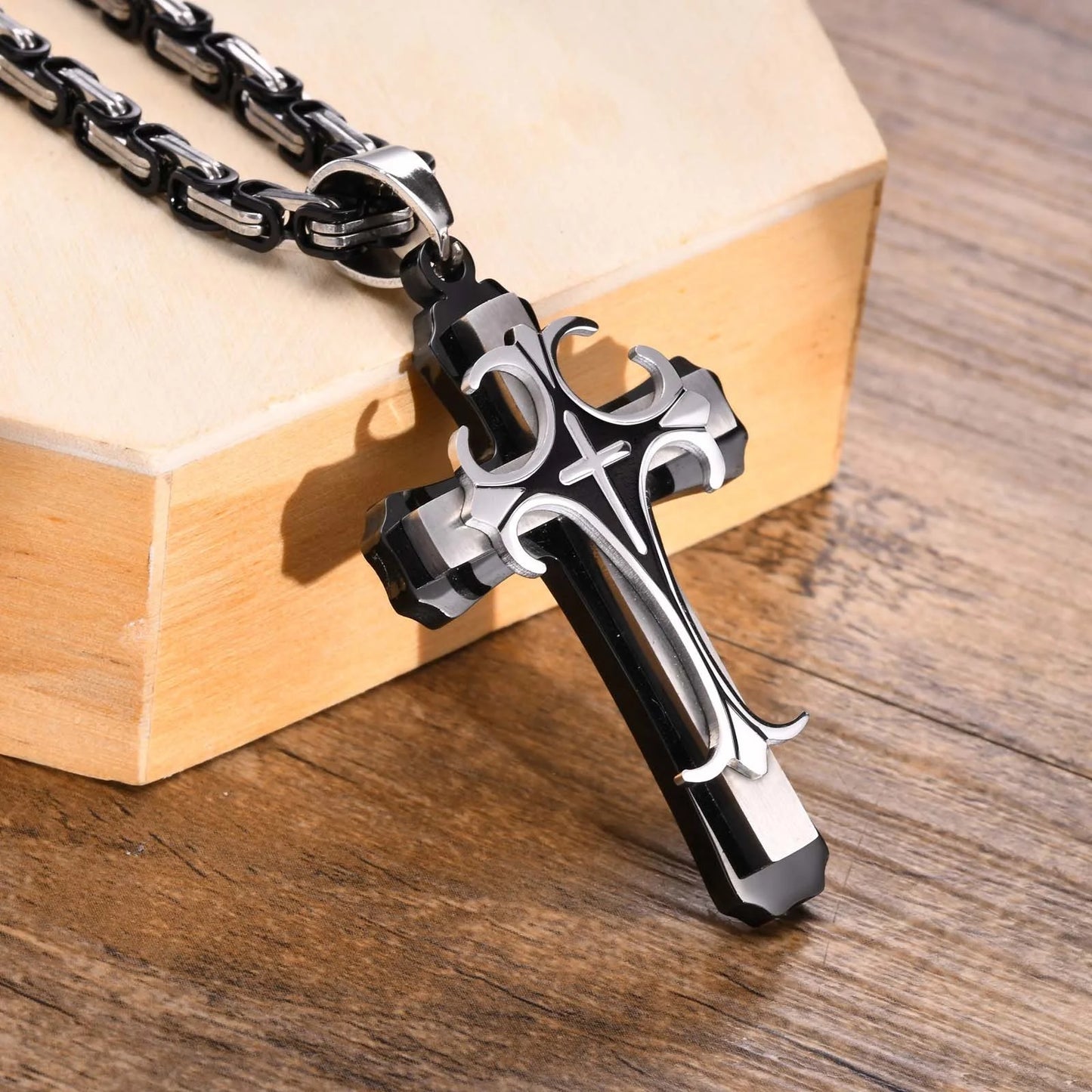 Men's Stainless Steel Religious Cross Pendant Necklace With Byzantine Chain - Lovez Aqua© - 1
