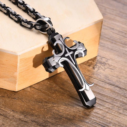Men's Stainless Steel Religious Cross Pendant Necklace With Byzantine Chain - Lovez Aqua© - 1