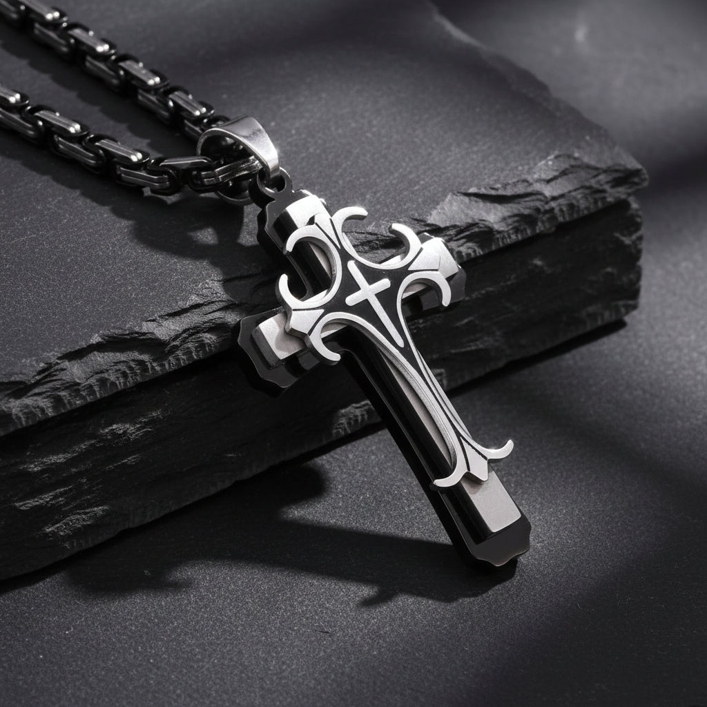 Men's Stainless Steel Religious Cross Pendant Necklace With Byzantine Chain - Lovez Aqua© - 1