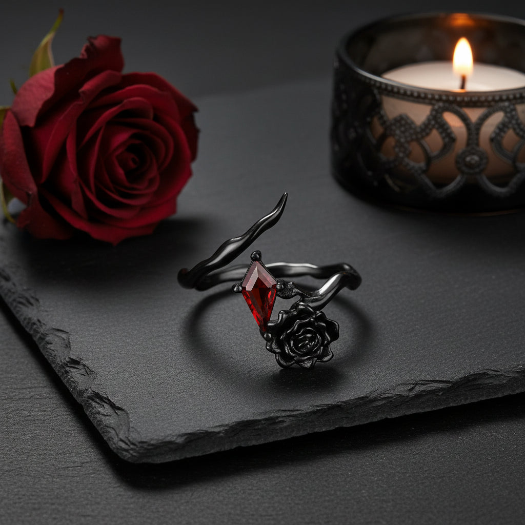 S925 Sterling Silver Black Rose & Red Diamond Zircon Women's Gothic Ring - Lovez Aqua© - Default Title