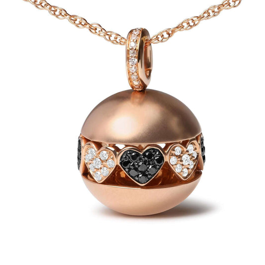 18K Rose Gold 3/8 Ct Black & White Diamond Ball Filigree Heart Pendant Necklace - Lovez Aqua© -