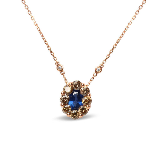 18K Rose Gold White & Brown Diamonds with Oval Blue Sapphire Halo Cluster - Lovez Aqua© -