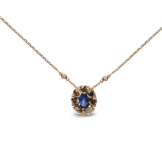 18K Rose Gold White & Brown Diamonds with Oval Blue Sapphire Halo Cluster - Lovez Aqua© -
