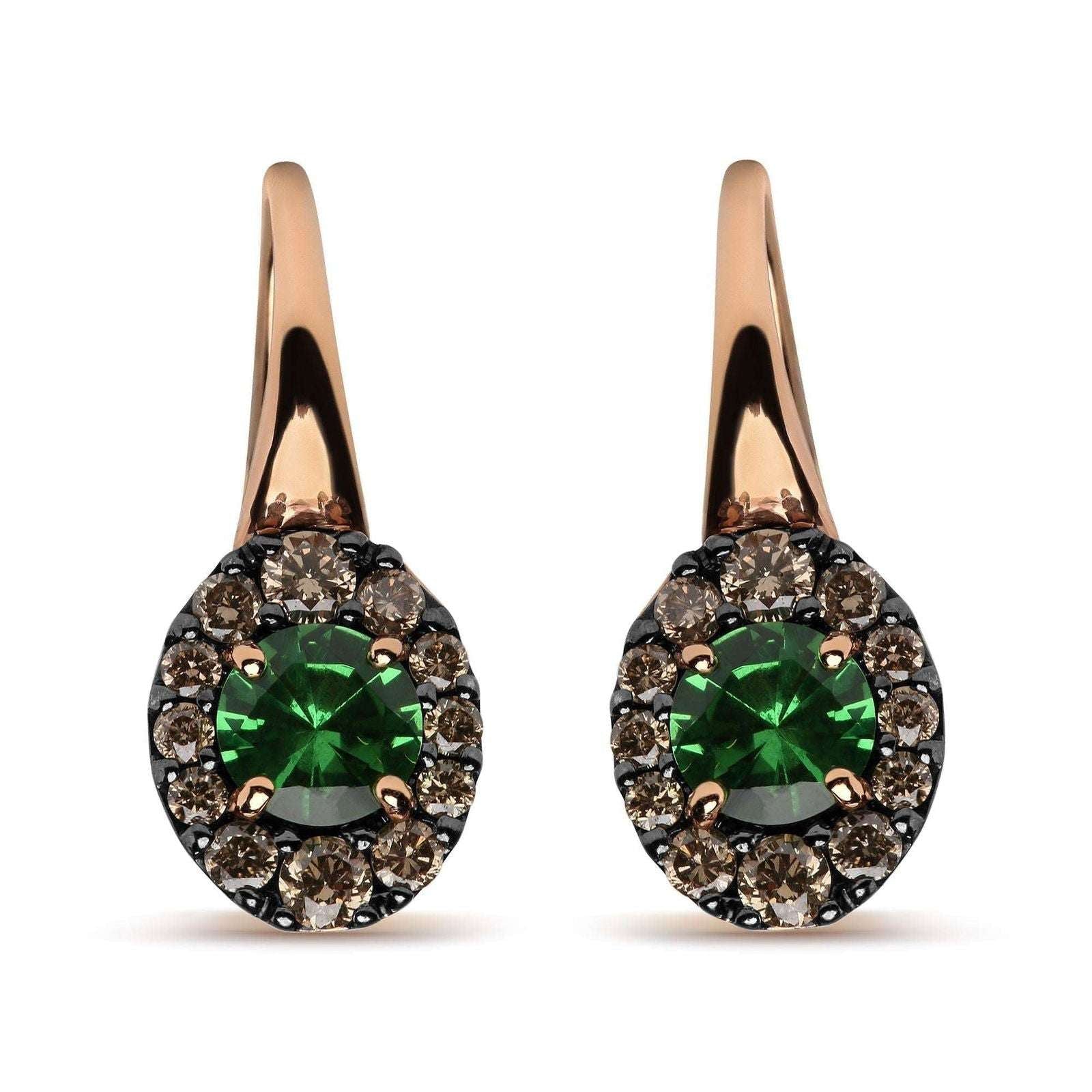 18K Rose & White Gold Round Brown Diamonds & Green Tsavorite Halo Drop Earrings - Lovez Aqua© -
