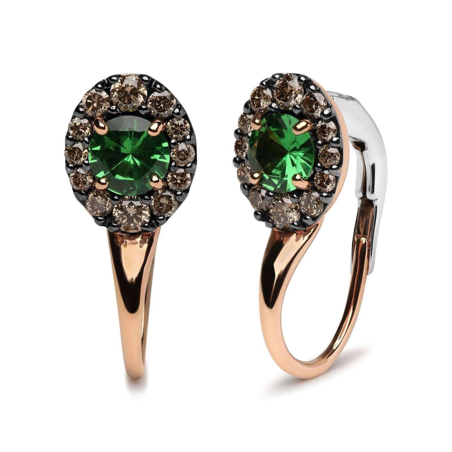 18K Rose & White Gold Round Brown Diamonds & Green Tsavorite Halo Drop Earrings - Lovez Aqua© -