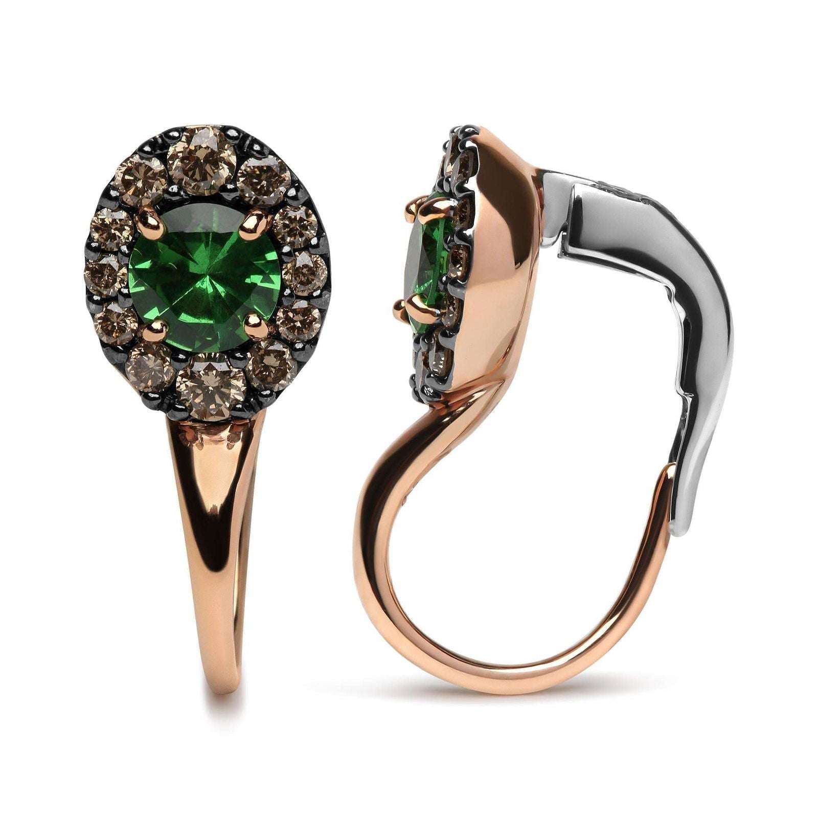 18K Rose & White Gold Round Brown Diamonds & Green Tsavorite Halo Drop Earrings - Lovez Aqua© -