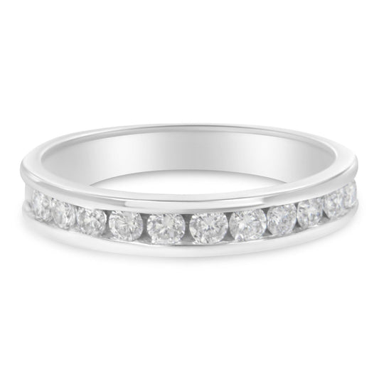 18K White Gold Channel Set Eternity Wedding Band Ring with Round Cut Diamonds - Lovez Aqua© -