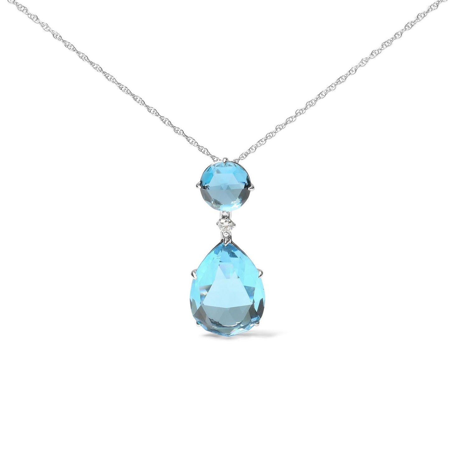 18K White Gold Diamond Round London Blue & Pear Cut Sky Blue Topaz Necklace - Lovez Aqua© -