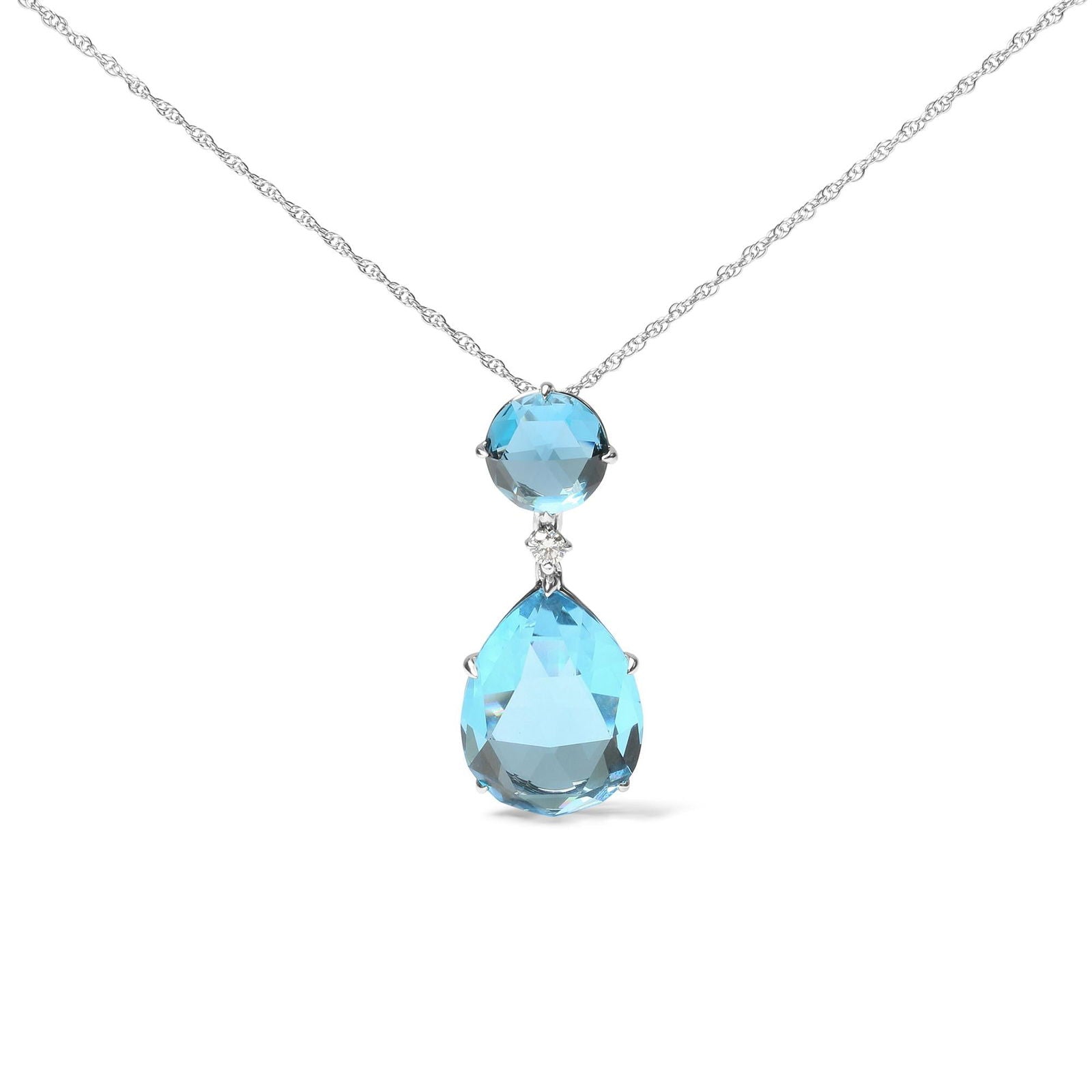 18K White Gold Diamond Round London Blue & Pear Cut Sky Blue Topaz Necklace - Lovez Aqua© -