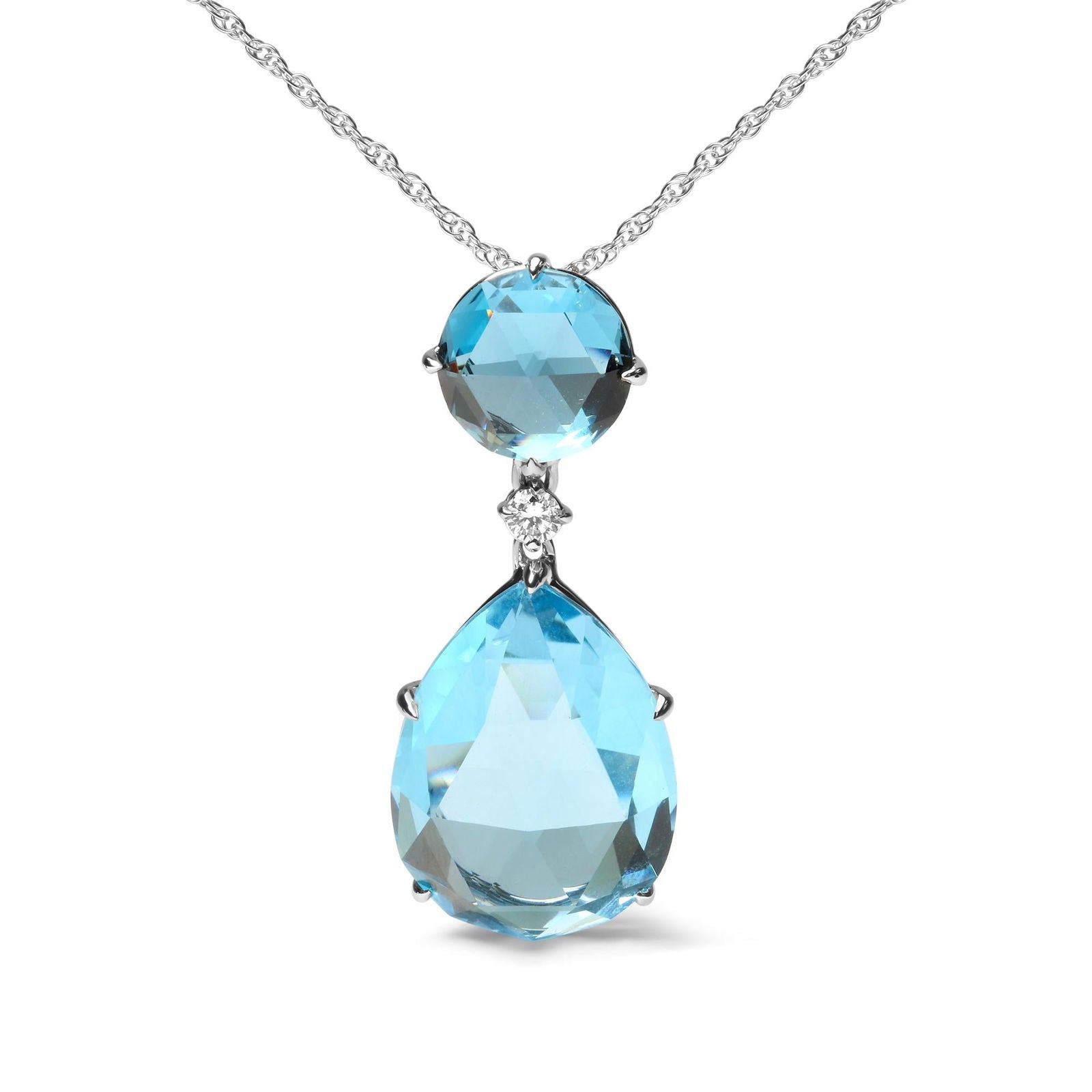 18K White Gold Diamond Round London Blue & Pear Cut Sky Blue Topaz Necklace - Lovez Aqua© -