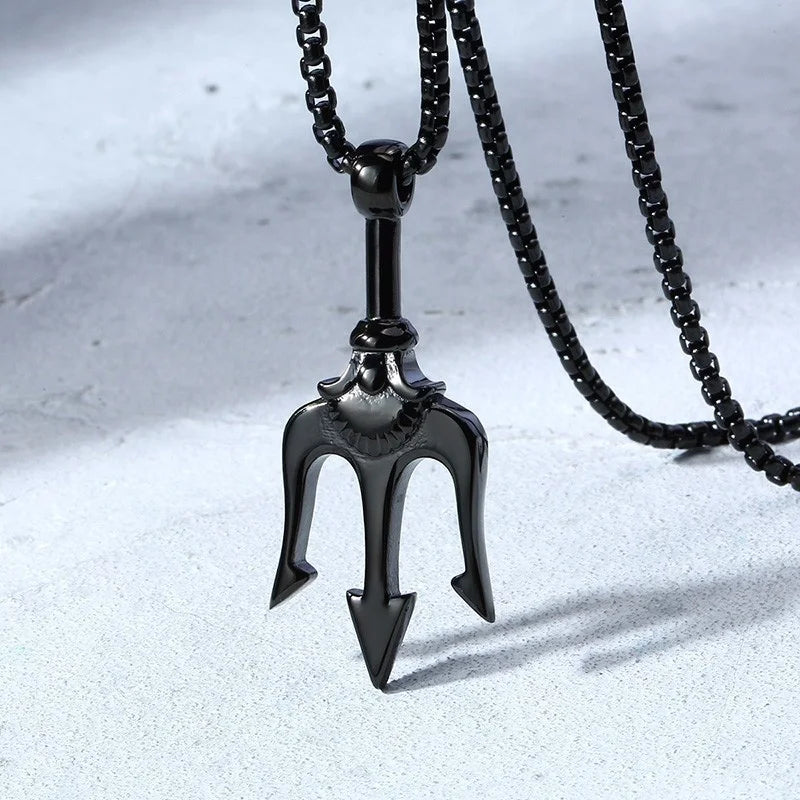 Men's Stainless Steel Punk Rock Neptune Trident Pendant Necklace - Lovez Aqua© - Black Big / 60cm