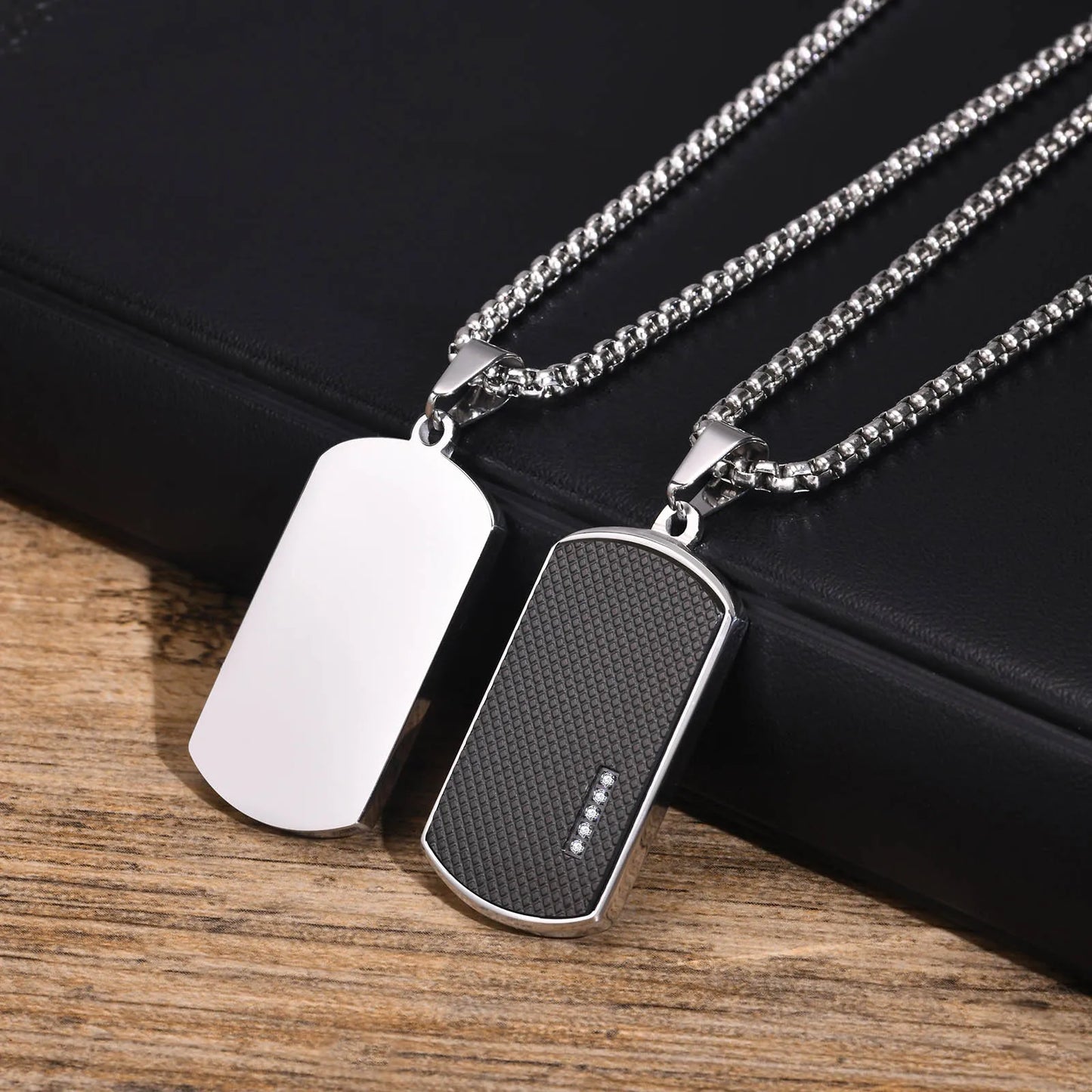 Men's Stainless Steel Patterned Rectangle Dog Tag Box Chain Necklace - Lovez Aqua© - 6 / 50cm