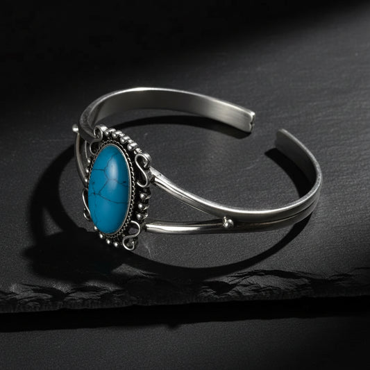 Real S925 Sterling Silver Bella Swan Natural Turquoise Stone Open Cuff Bracelet - Twilight -