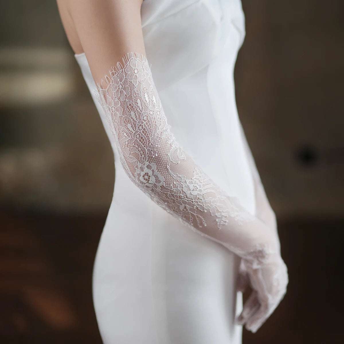 Women's White Long Eyelash Edge Appliquéd Lace Bridal Wedding Gloves - Lovez Aqua© -