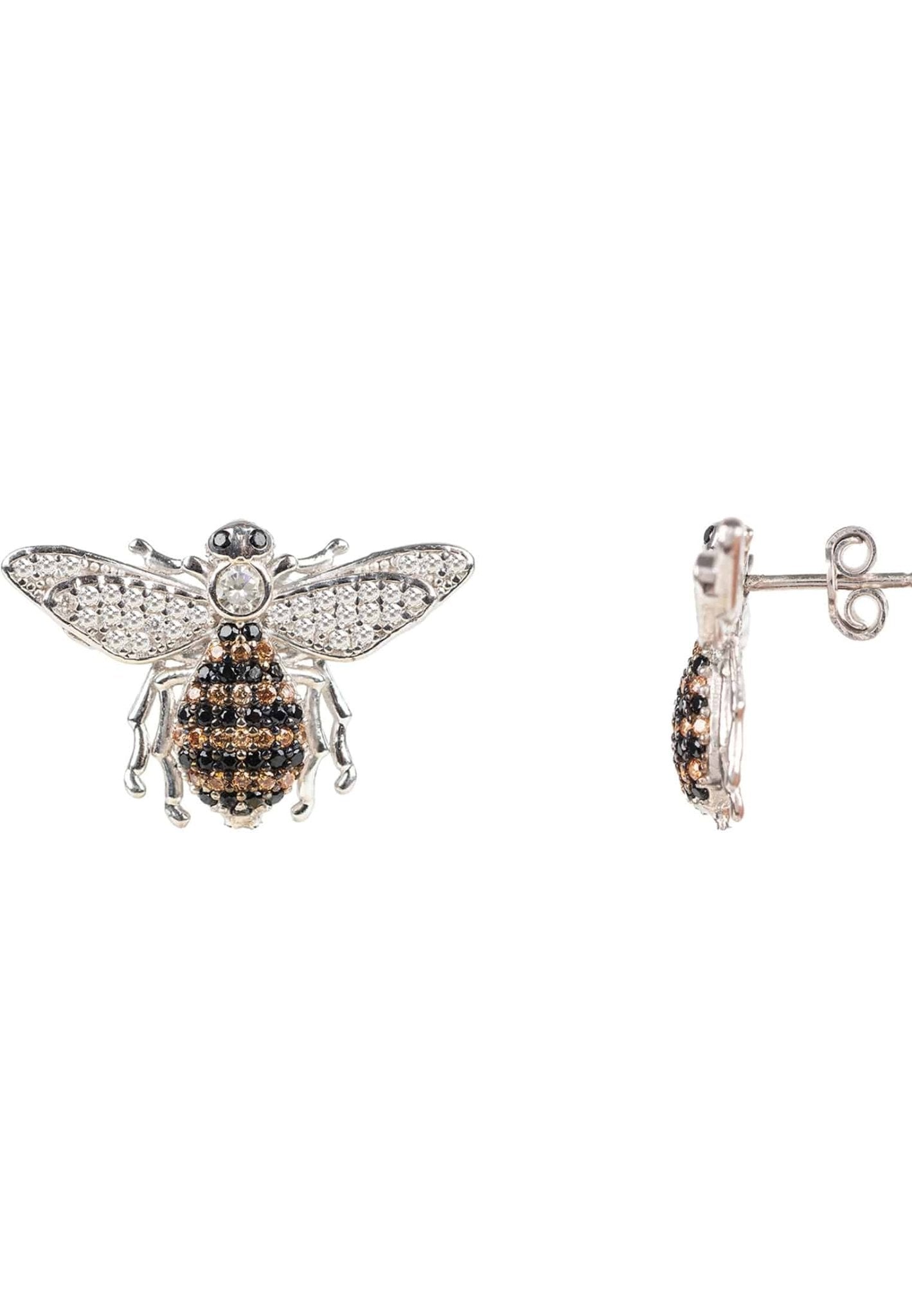 Women's 925 Sterling Silver & Cubic Zircons Honey Bee Stud Earrings - Lovez Aqua© -