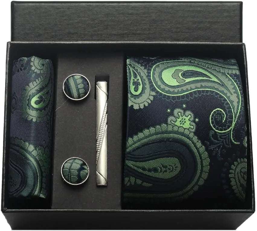 Men's Luxury Silk Paisley Floral Necktie, Pocket Square, Clip & Cufflinks Set - Lovez Aqua© - BKA09