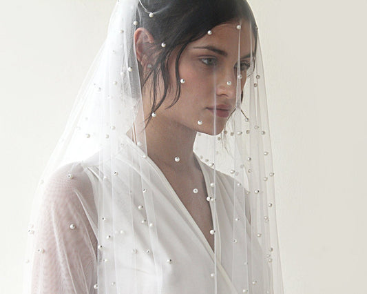 Ivory Fingertip Length Bridal Wedding Veil with Pearl Embellishments - Lovez Aqua© - Default Title