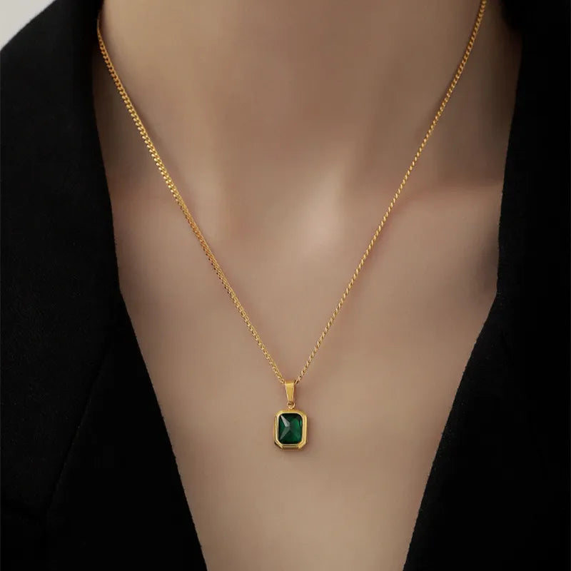 Women's Elegant Gold Plated Square Emerald Green Cubic Zirconia Pendant Necklace - Lovez Aqua© - Default Title
