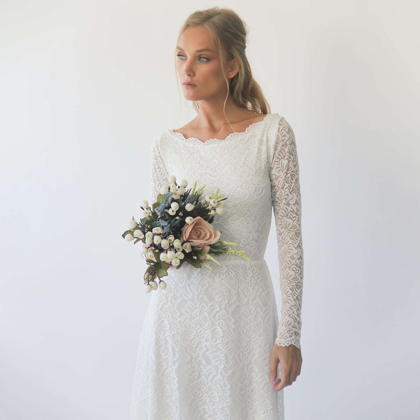 White Boat Neckline & Long Bell Lace Sleeves Modest Wedding Dress - Lovez Aqua© -