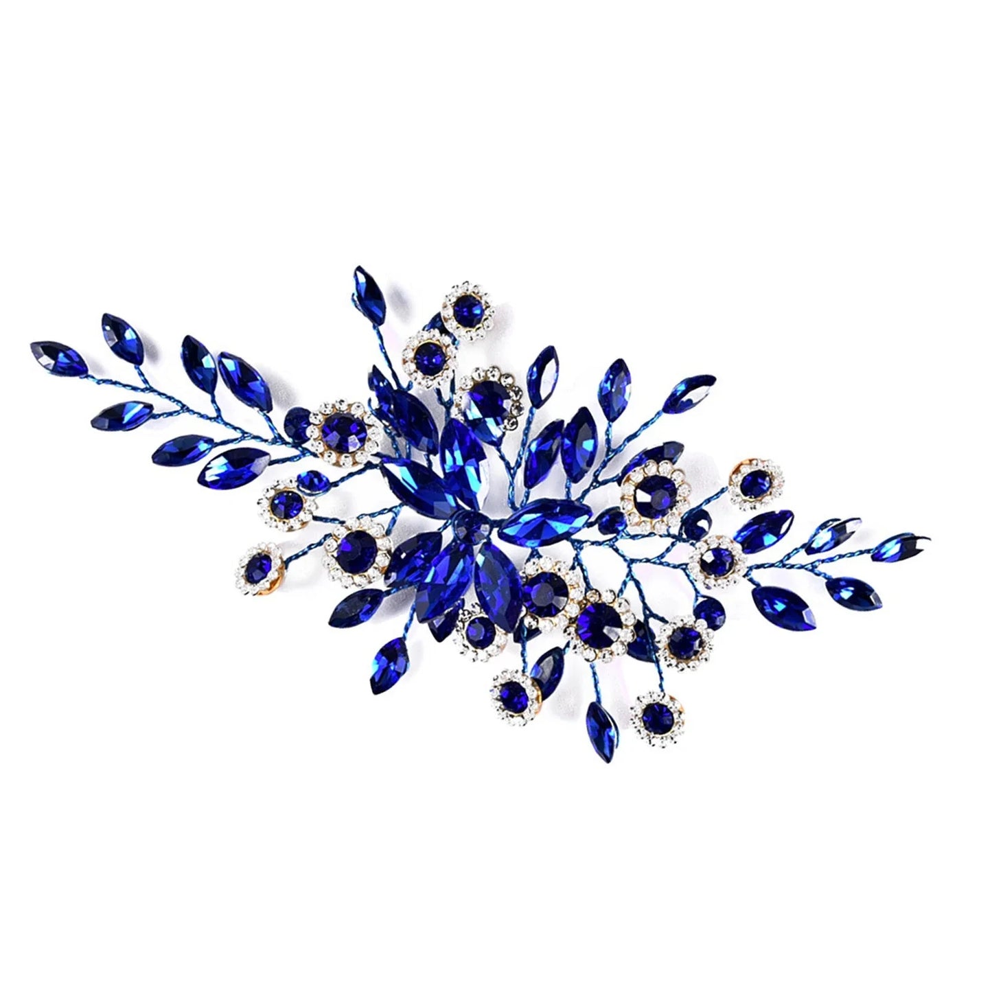 Delicate Women's Rhinestone Encrusted Hair Comb With Crystal Flowers - Lovez Aqua© - Blue