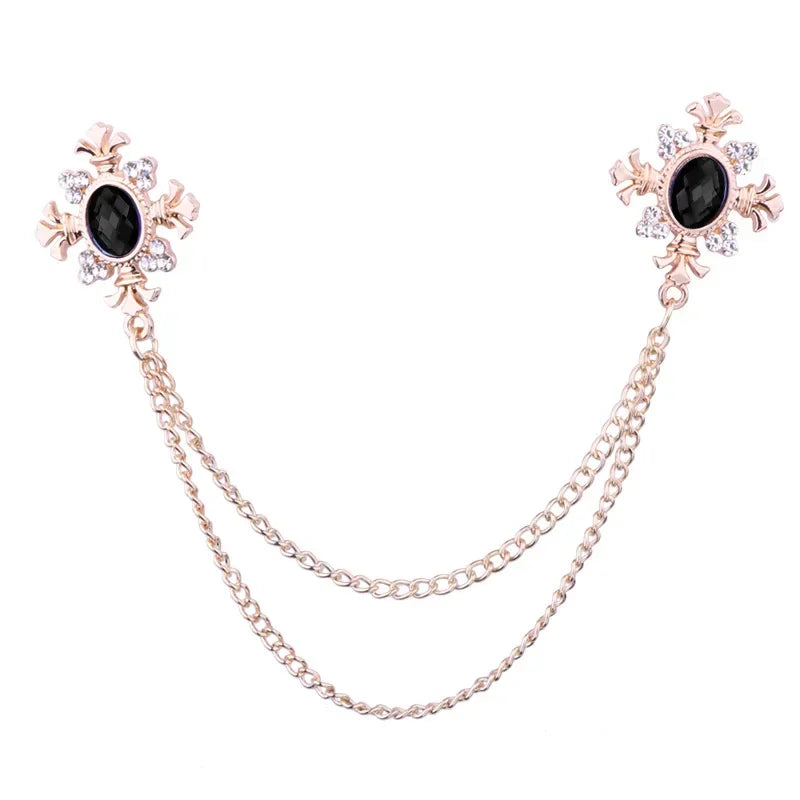 Men's Vintage Double Tassel Chain Crystal Baroque Style Brooch - Lovez Aqua© - Gold Black