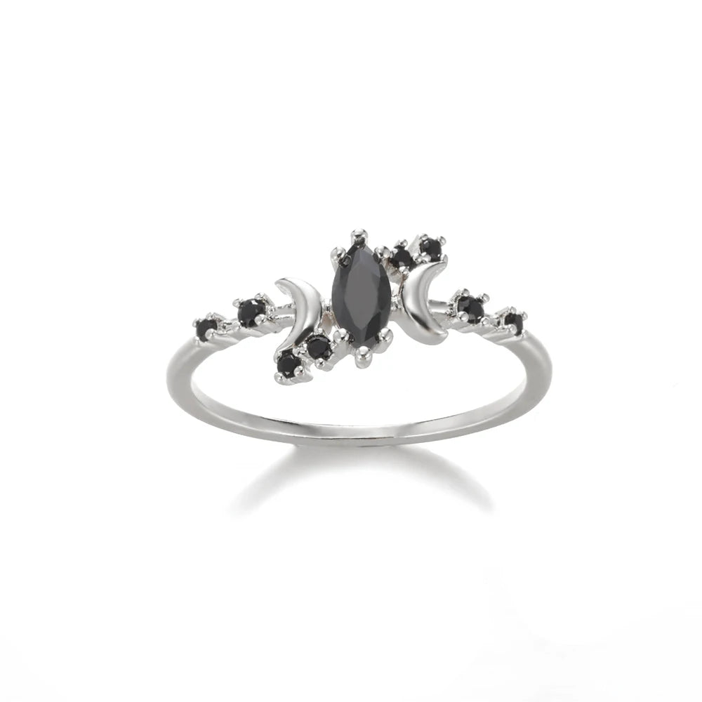 Women's Black Zircon & Stainless Steel Half Moon Ring With Embellishments - Lovez Aqua© - Silver