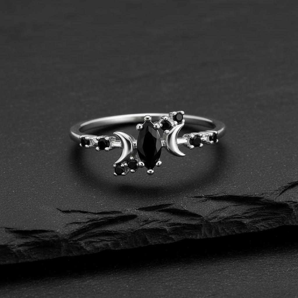 Women's Black Zircon & Stainless Steel Half Moon Ring With Embellishments - Lovez Aqua© - Silver