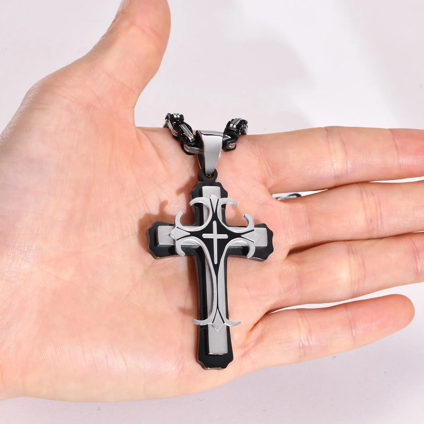 Men's Stainless Steel Religious Cross Pendant Necklace With Byzantine Chain - Lovez Aqua© -