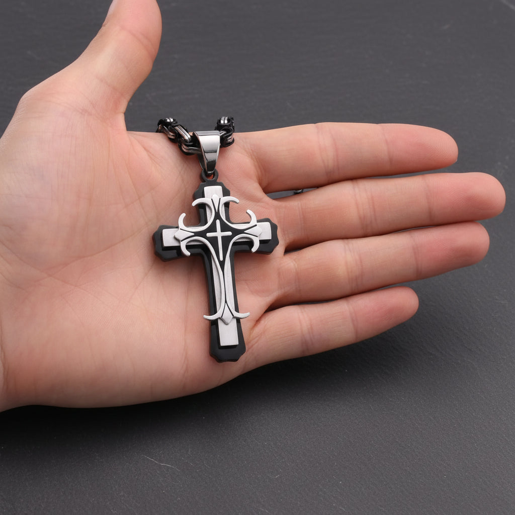 Men's Stainless Steel Religious Cross Pendant Necklace With Byzantine Chain - Lovez Aqua© -