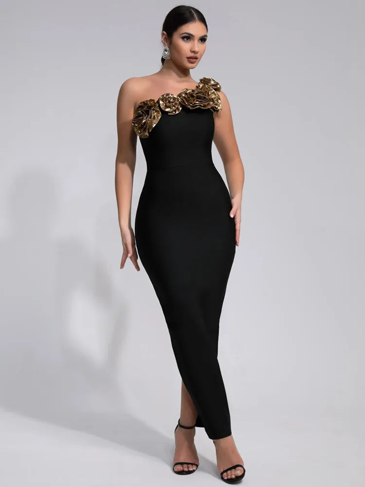 Women's Luxury One Shoulder Black Maxi Evening Dress with Golden Roses Neckline - Lovez Aqua© - XS