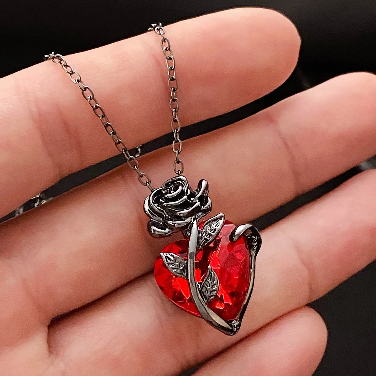Gothic Blackened Iron Rose Red Love Heart Women's Pendant Necklace - Lovez Aqua© -