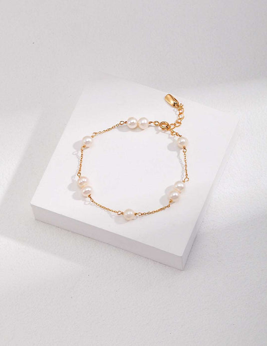 Women's Dainty Freshwater Pearl & 18ct Gold Vermeil Plated Chain Bracelet - Lovez Aqua© - 18K Gold-Plated