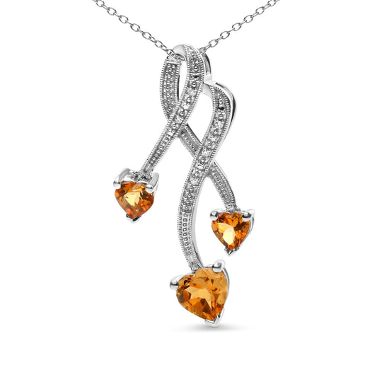 925 Sterling Silver 3-Stone Heart Citrine & Diamond Spiral Drop 18" Necklace