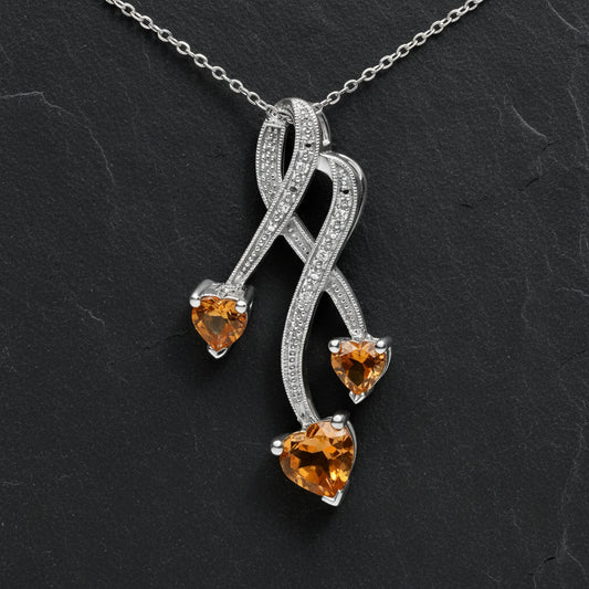 925 Sterling Silver Heart Citrine & Diamond Spiral 18” Drop Necklace