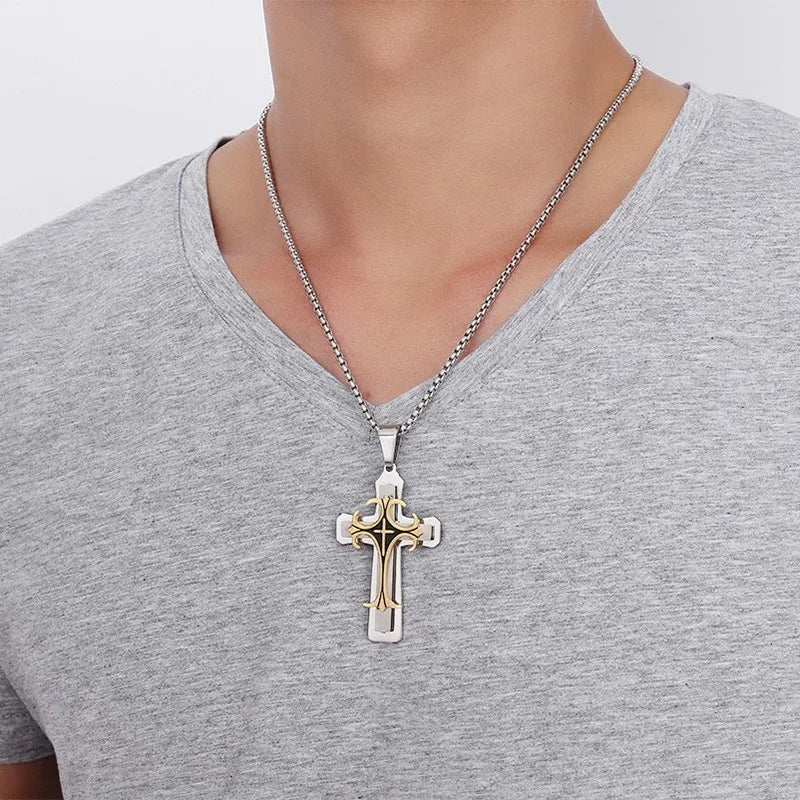 Men's Thick Engraved Stainless Steel Cross Pendant Necklace - Lovez Aqua© -