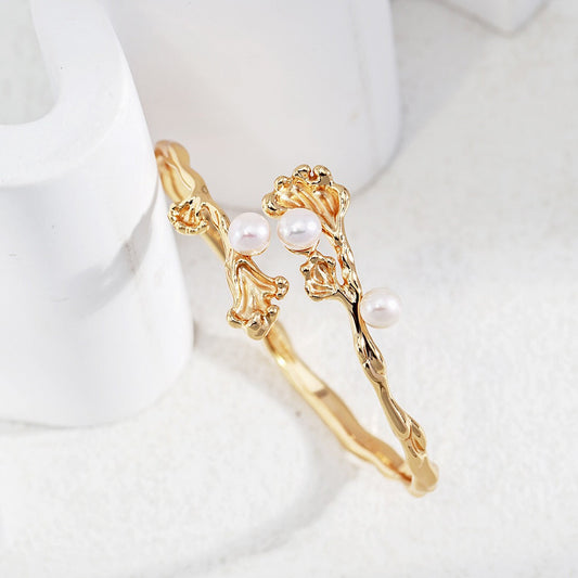 Baroque Ocean Wave Gold Vermeil & Natural Pearl Women's Cuff Bracelet