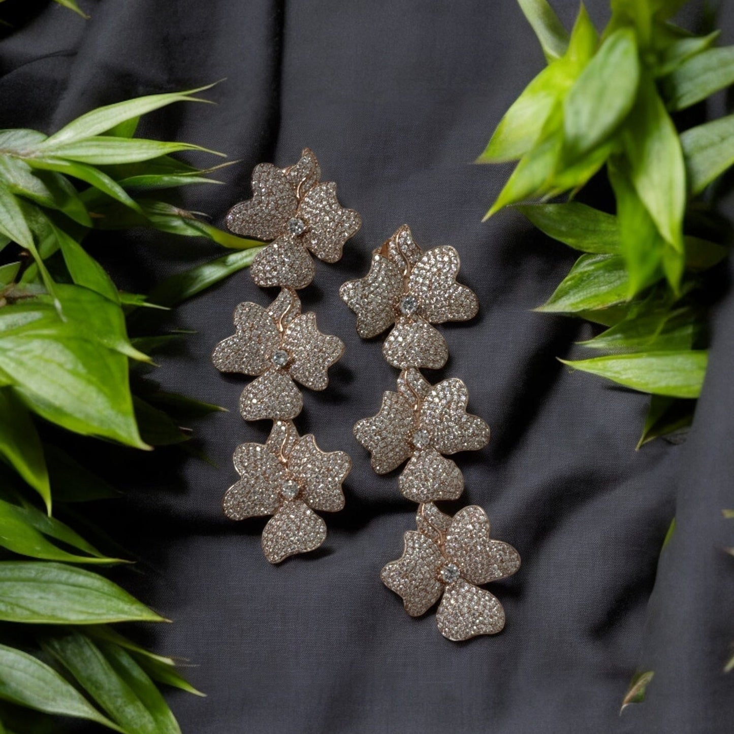 Luxury Rose Gold Triple Flower Cubic Zirconia & 925 Sterling Silver Women's Drop Earrings